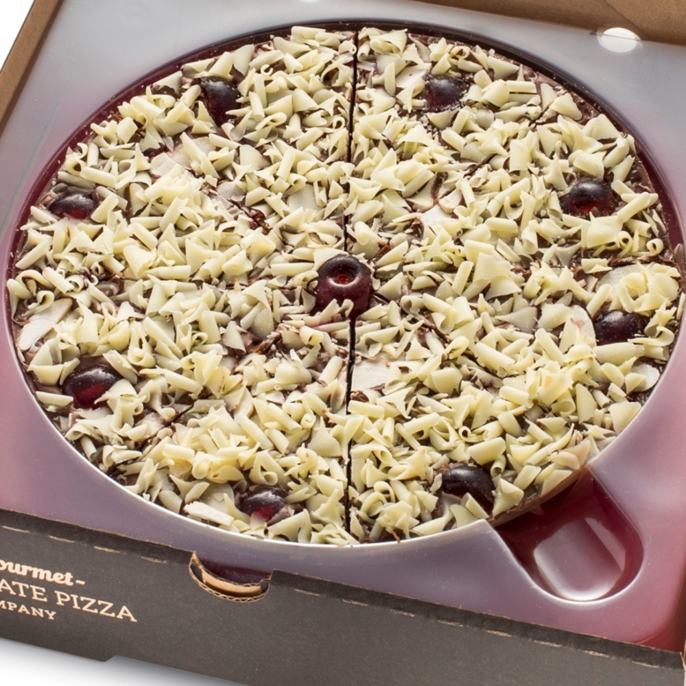 Bakewell Tart chocolate pizza, close up and looking delicious
